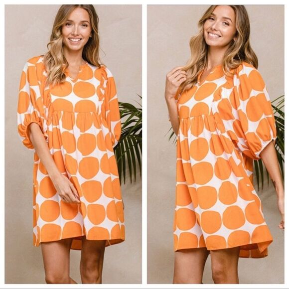 🔥 “Martine” large orange polkadot short sleeve swing dress - Picture 2 of 6